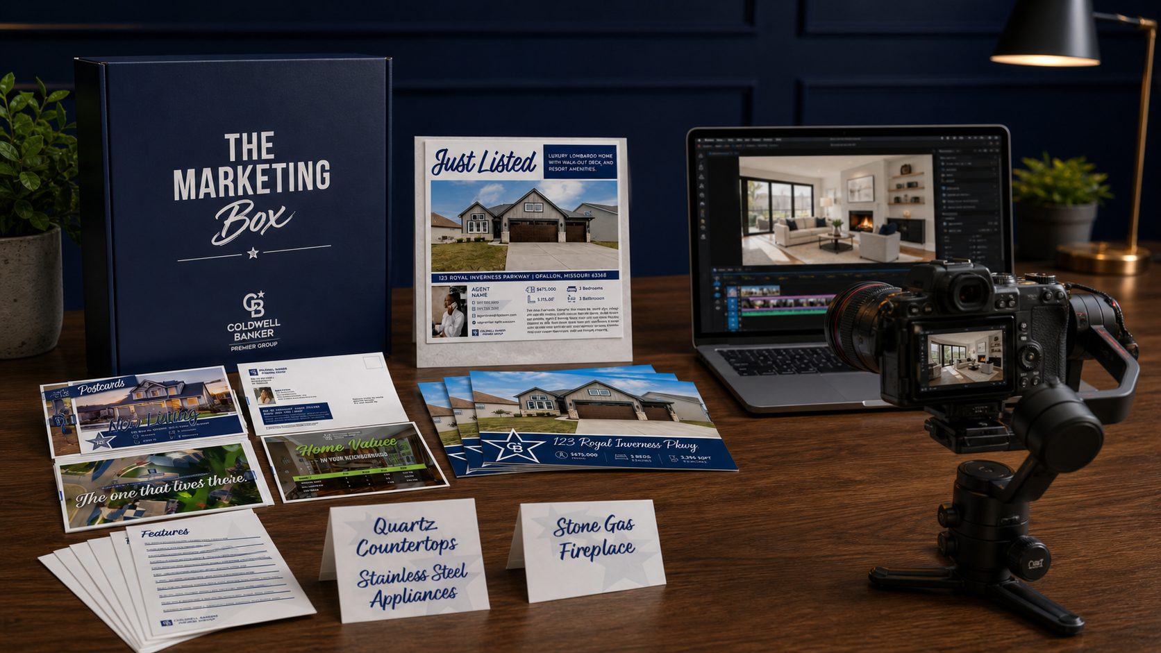 CBP Marketing Box print materials alongside professional real estate video production equipment
