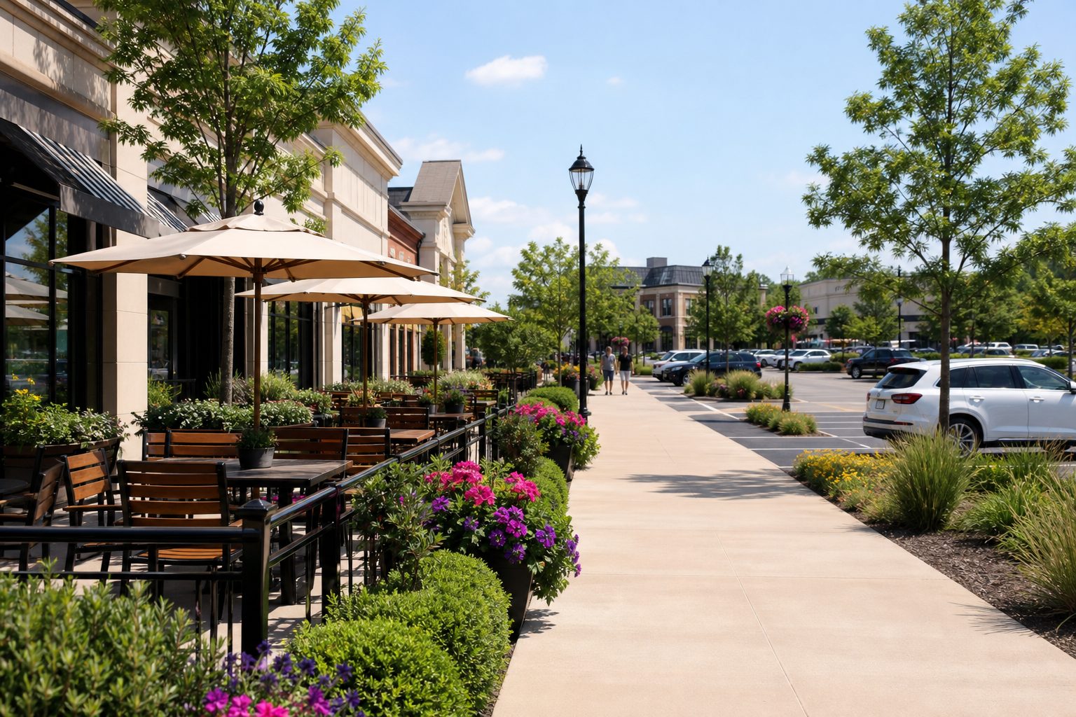 Brick storefronts and outdoor dining in downtown Des Peres, Missouri