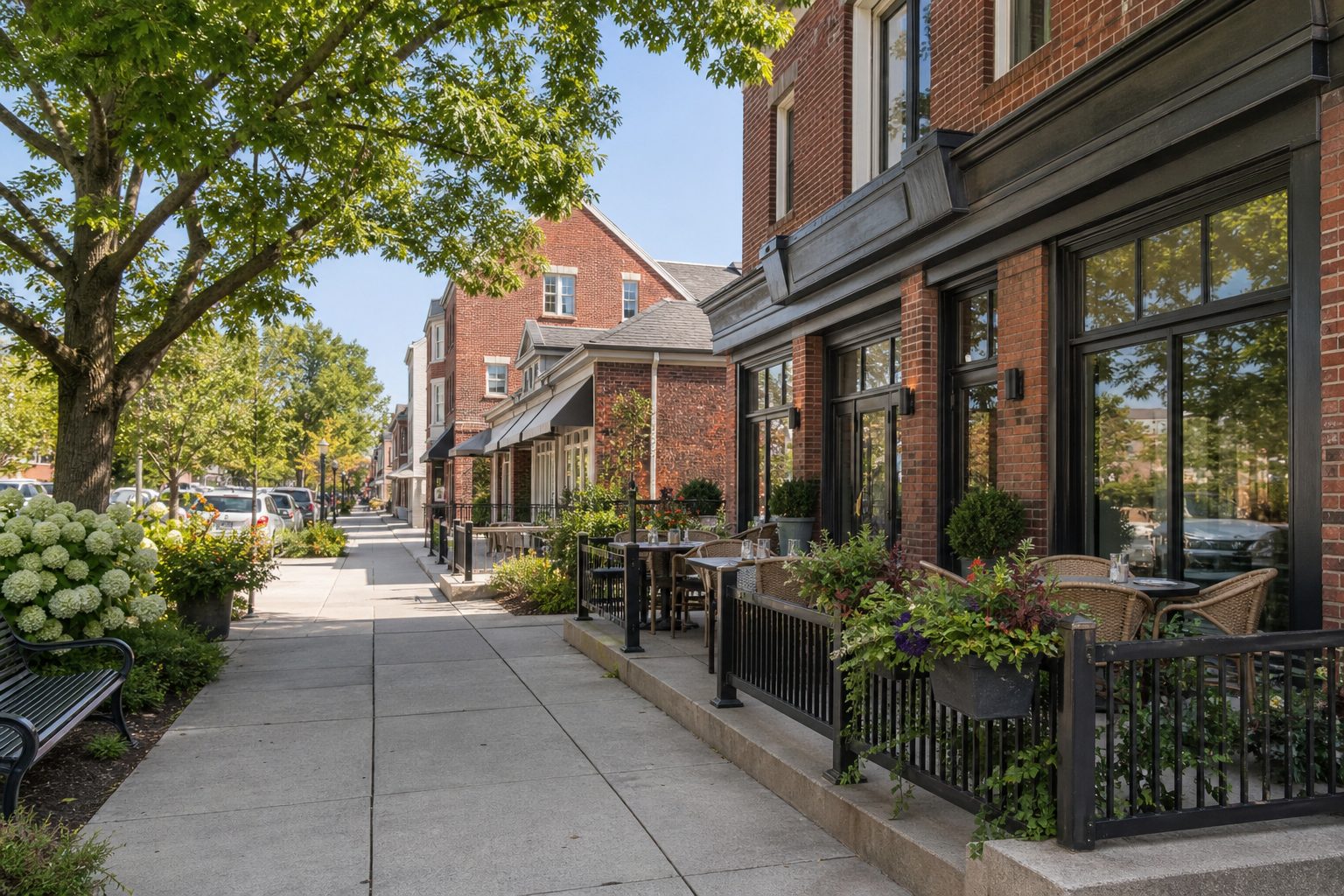 Shopping and farmers market scene in downtown Glendale, Missouri