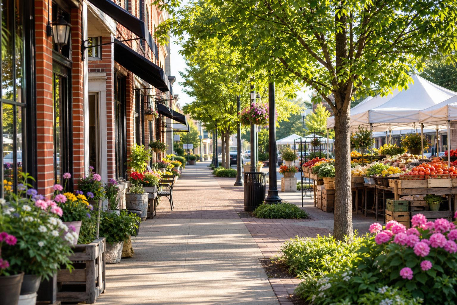 Shopping and farmers market scene in downtown Kirkwood, Missouri