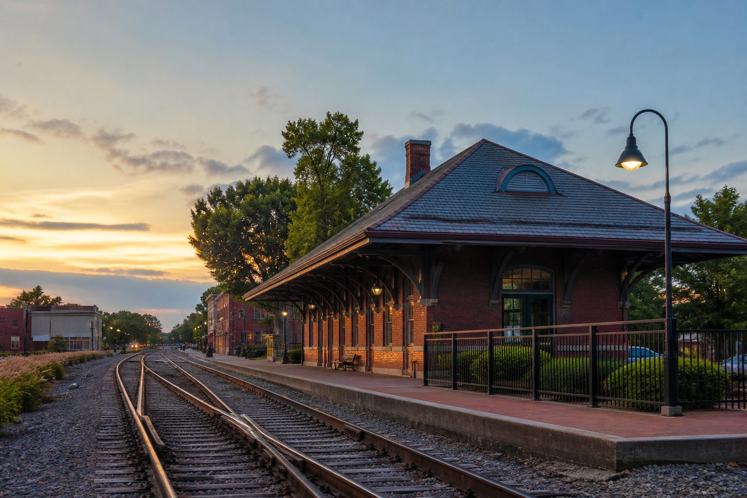 Historic-style Kirkwood train station and railroad tracks at sunset