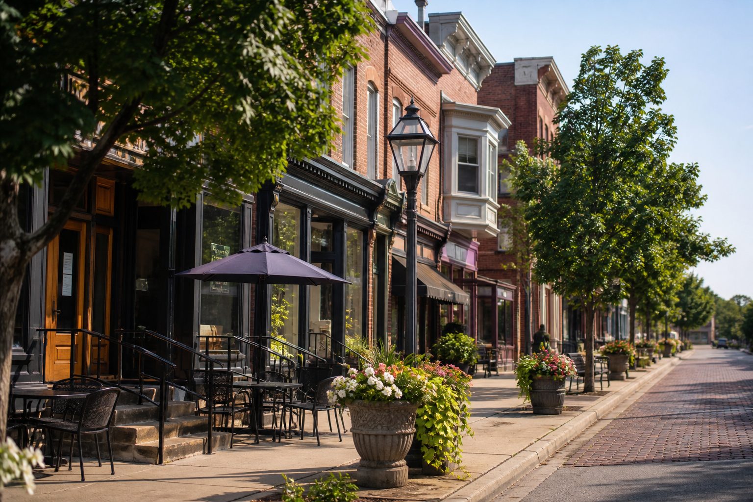 Brick storefronts and outdoor dining in downtown Washington, Missouri