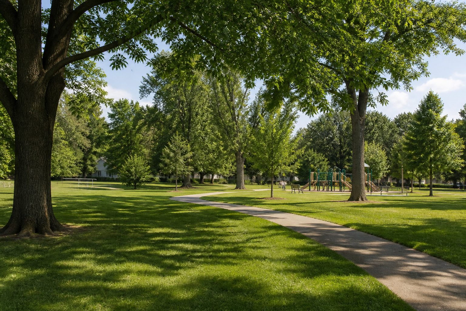 Webster Groves Park and Walker Lake with a tree-lined walking path