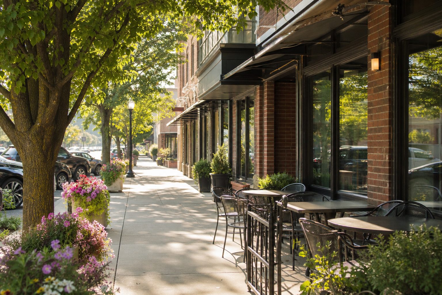 Shopping and farmers market scene in downtown Webster Groves, Missouri