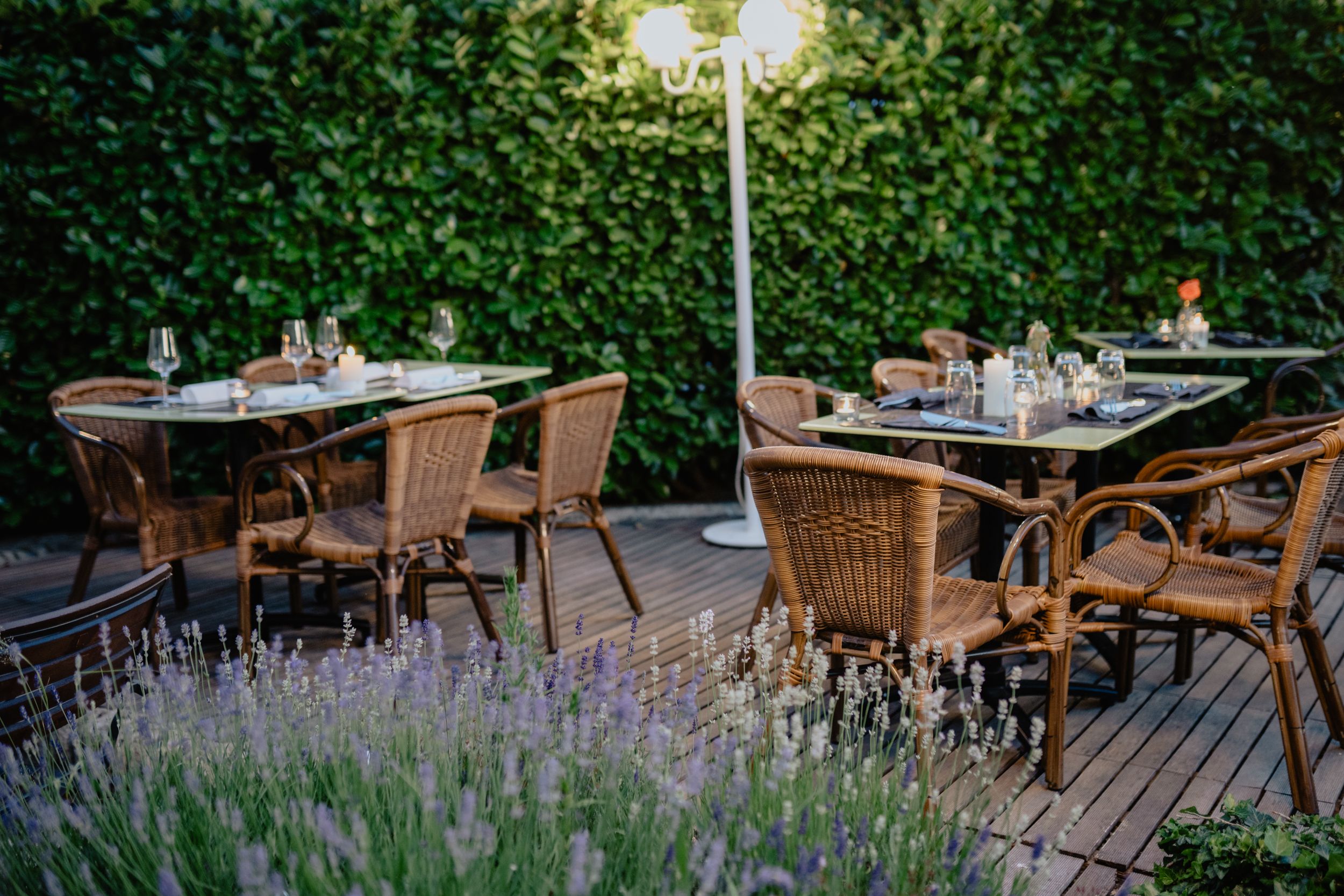 An outdoor restaurant terrace with seating
