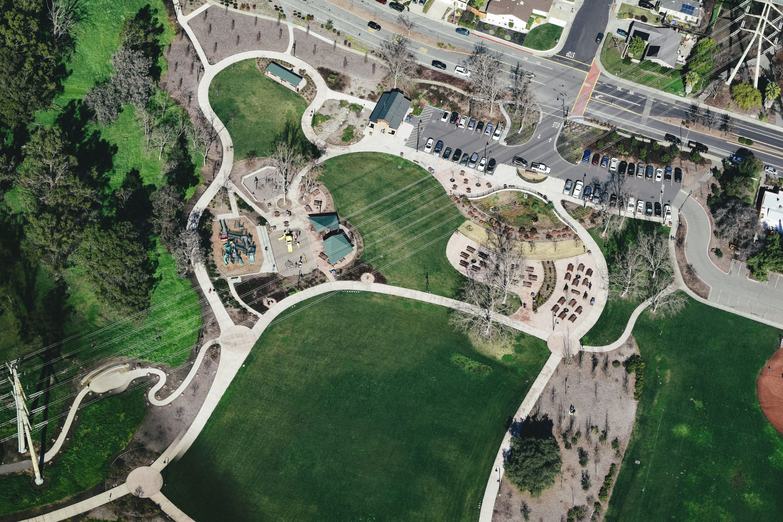 A neighborhood park with a playground, walking paths and a picnic pavilion