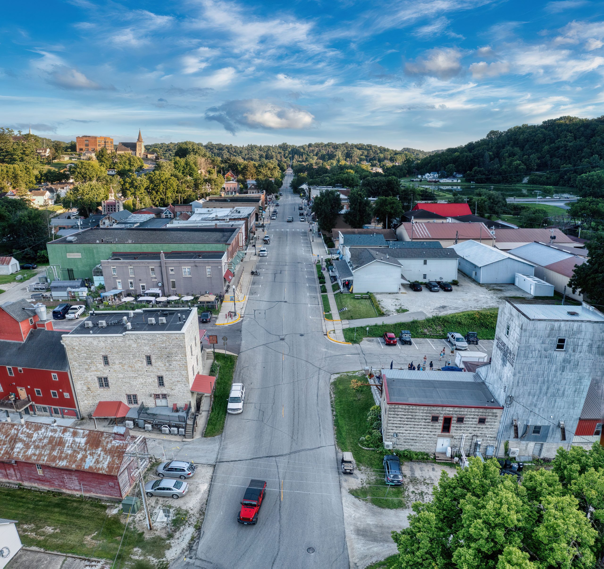 Aerial view of a small town's historic downtown