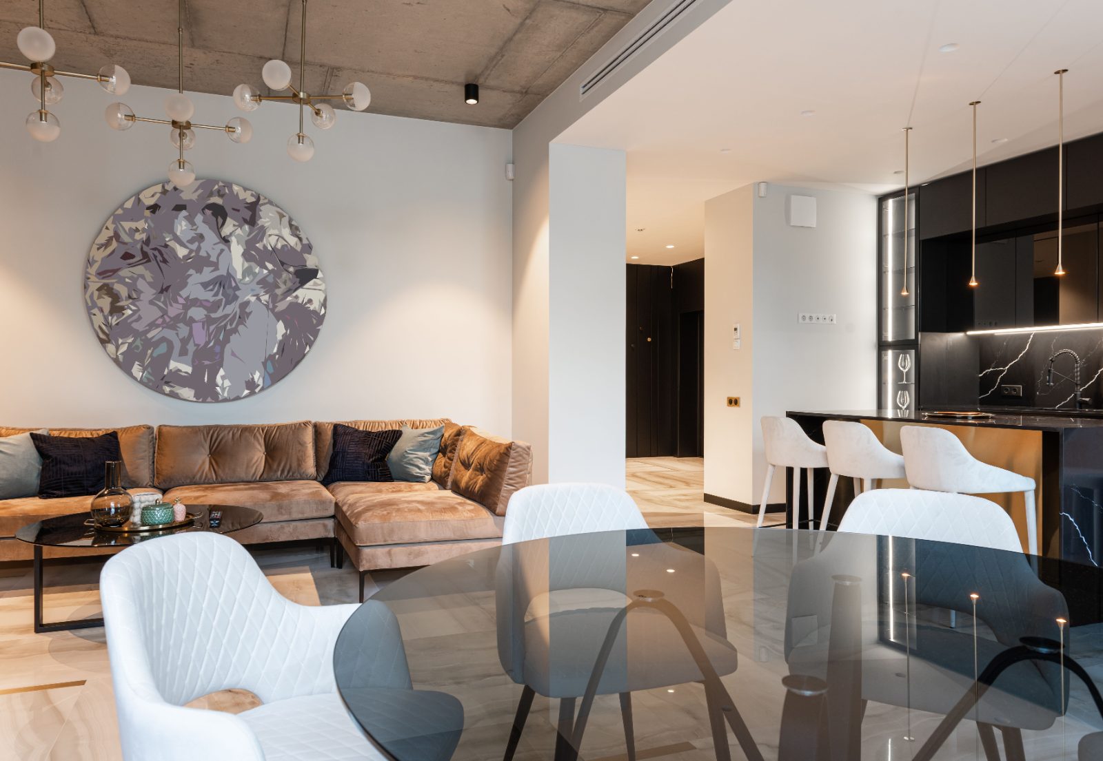 Polished condominium living and dining interior
