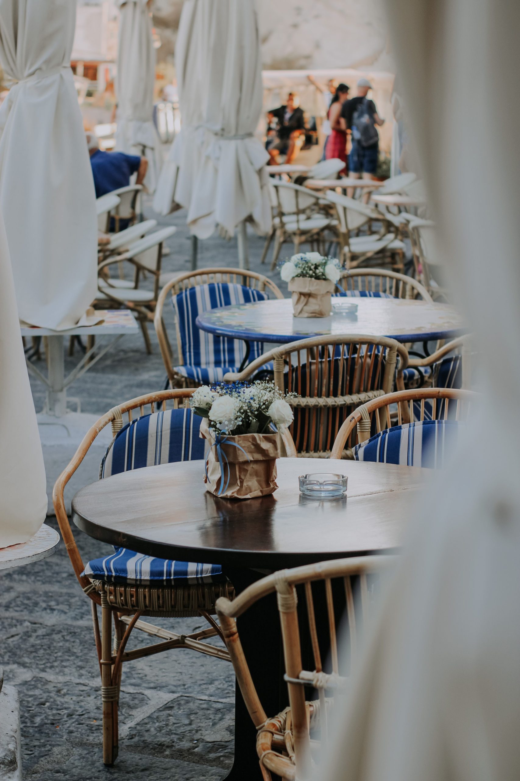 An outdoor restaurant patio with seating
